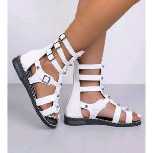 White Gladiator Sandals Ankle Size 5.5 36 Buckle Detail Studded Decor BRANDNEW